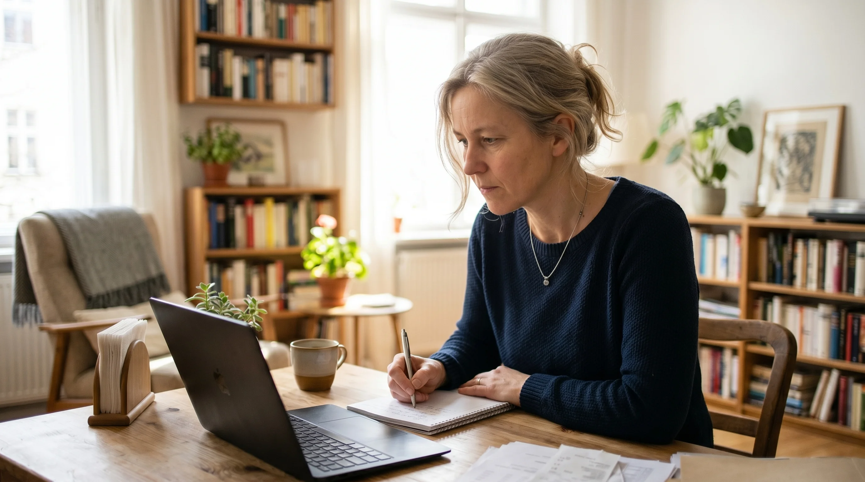 Person arbeitet konzentriert von zu Hause aus am Laptop