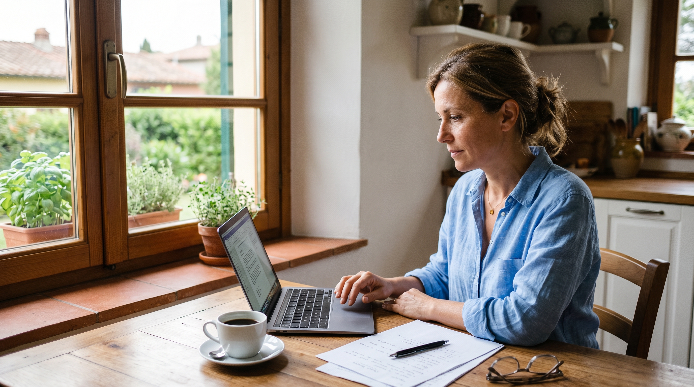 Donna al tavolo della cucina controlla le finanze domestiche con il portatile e alcuni documenti