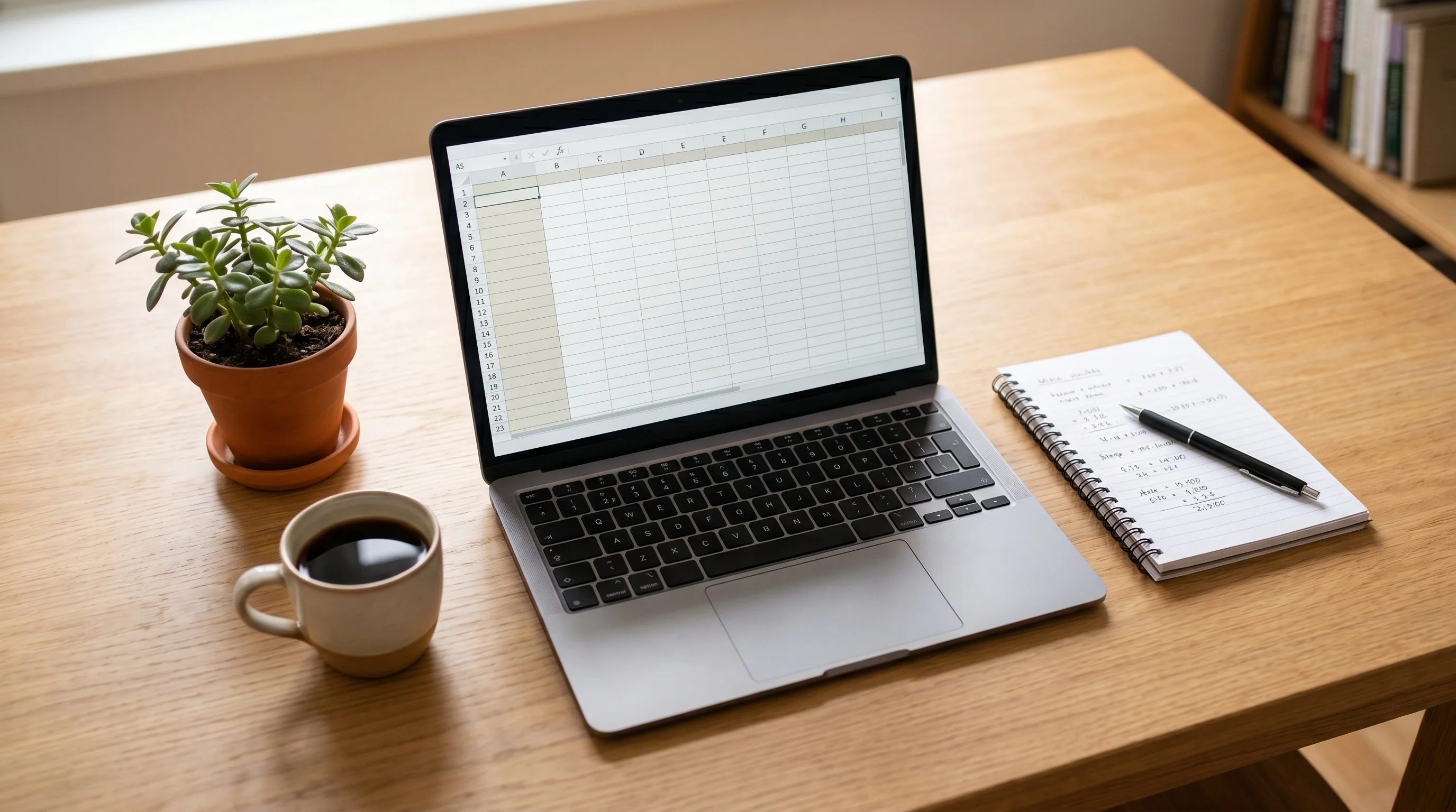 Aufgeräumter Arbeitsplatz zu Hause mit Laptop, Notizbuch und Kaffee